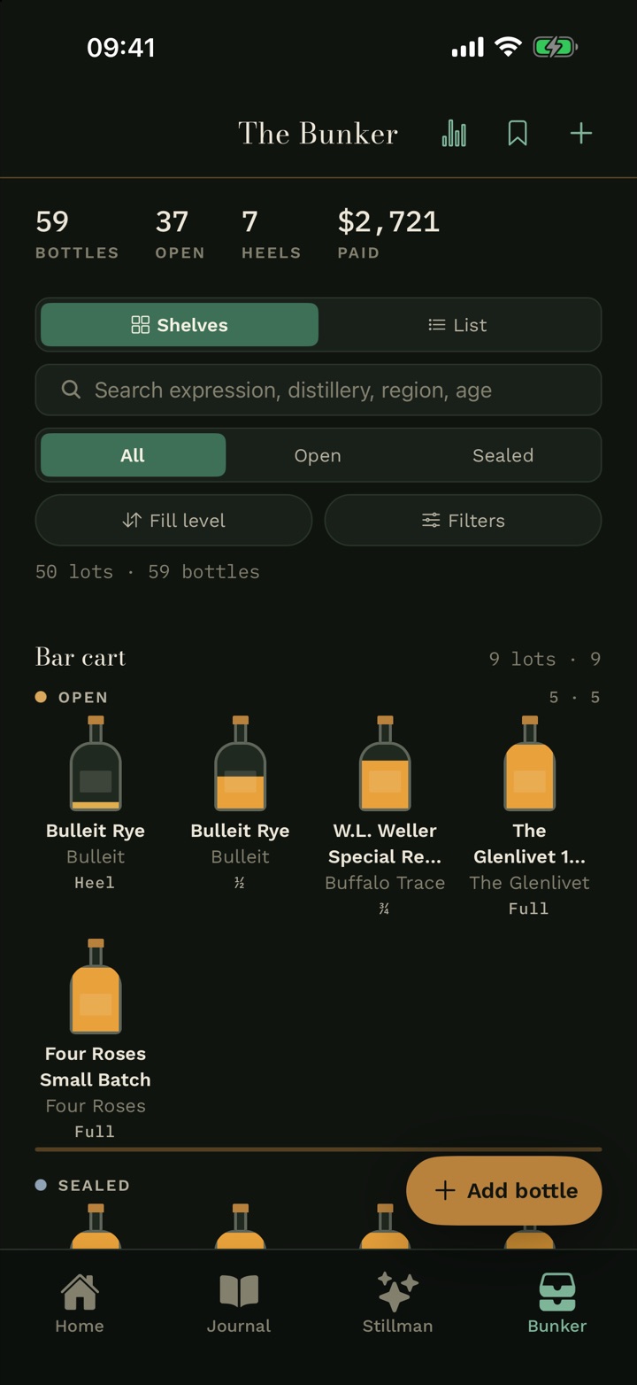 The Bunker in Cask & Note, with bottles at their fill levels.