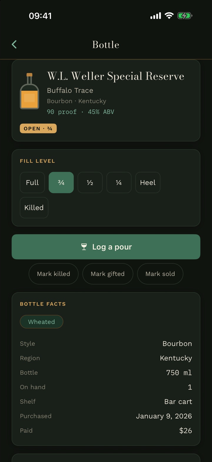 A bottle page in Cask & Note: fill level, a Log a pour button and the bottle facts.