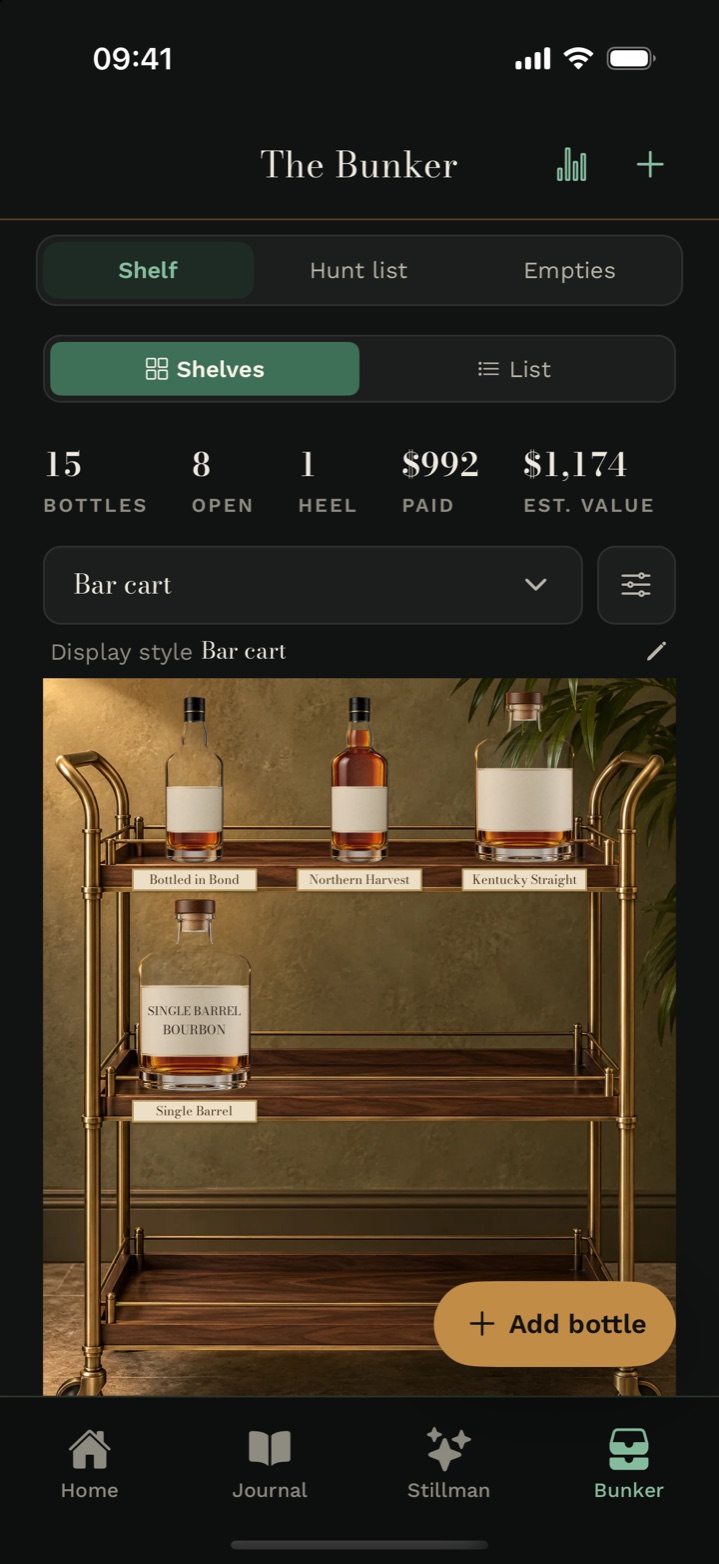 The Bunker in Cask & Note: 15 bottles, 8 open, what you paid and an estimated value, with Shelf, Hunt list and Empties switches at the top.
